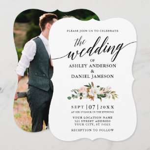 Calligrafie Magnolias Rozen Fotobruiloft Kaart