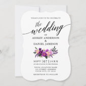 Calligrafie Manuscript Paars Violet Floral Wedding Kaart (Voorkant)