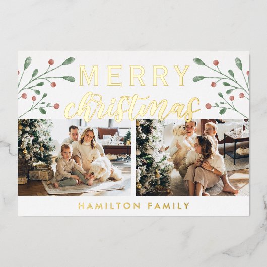 Calligrafie Merry kerry Cherry Twee Foto Folie Feestdagenkaart (Voorkant)