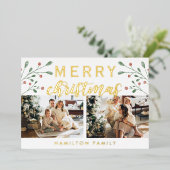 Calligrafie Merry kerry Cherry Twee Foto Folie Feestdagenkaart (Staand Voorkant)