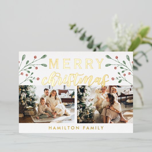 Calligrafie Merry kerry Cherry Twee Foto Folie Feestdagenkaart (Staand Voorkant)