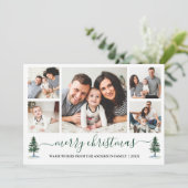 Calligrafie Merry Kerstmis 5 Foto Green Pines Feestdagenkaart (Staand voorkant)
