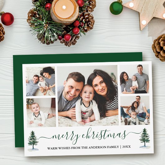 Calligrafie Merry Kerstmis 5 Foto Green Pines Feestdagenkaart
