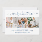 Calligrafie Merry Kerstmis Blauw 3 Foto Feestdagenkaart (Voorkant)