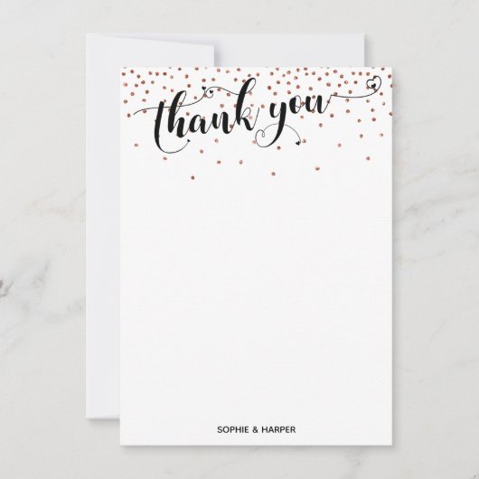 Calligrafie met harten en koperen Confetti Bedankkaart (Voorkant)
