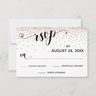 Calligrafie met harten, koperen metalen confetti RSVP kaartje