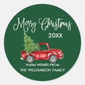 Calligrafie met kerstcadeau, rood op vrachtwagen,  ronde sticker (Voorkant)