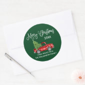 Calligrafie met kerstcadeau, rood op vrachtwagen,  ronde sticker (Envelop)