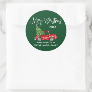 Calligrafie met kerstcadeau, rood op vrachtwagen,  ronde sticker