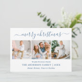 Calligrafie met kerstmis Blauwe Gingham 3 Foto Feestdagenkaart (Staand voorkant)