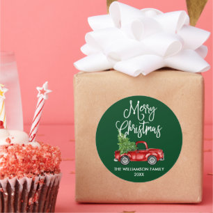 Calligrafie met Kerstmis Rood Truck Green Ronde Sticker