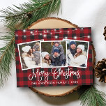 Calligrafie met kersttaartspelverlichting 3 Foto Briefkaart<br><div class="desc">Modern Fun Calligraphy Script Merry Kerstmis 3 Photo Holiday Briefkaart - Red Buffalo geplakt met String Lights</div>