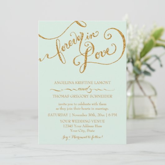Calligrafie Mint Script Forever Love Gold Glitter Kaart (Staand voorkant)