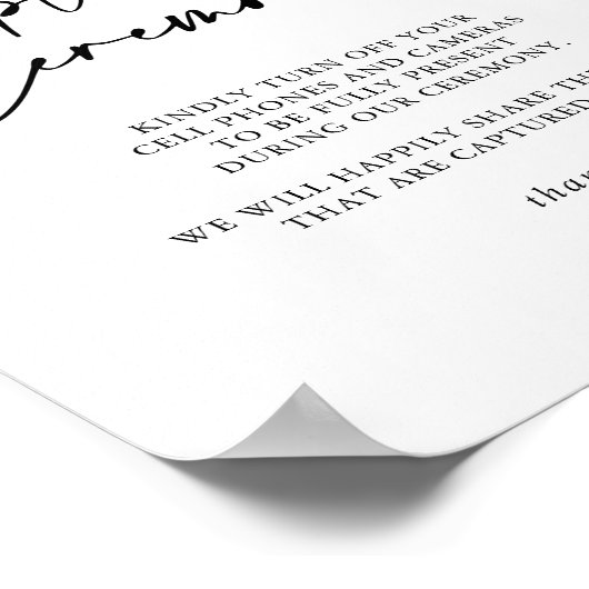Calligrafie Modern legant Unplugged Ceremony Sign Poster (Hoek)