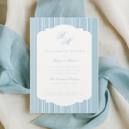 Calligrafie Monogram Blue Stripes Verloving Kaart