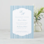 Calligrafie Monogram Blue Stripes Verloving Kaart (Staand voorkant)