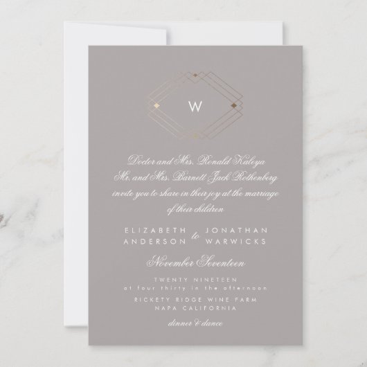 Calligrafie Monogram Gold Foil Grey Musk Weddensch Kaart (Voorkant)