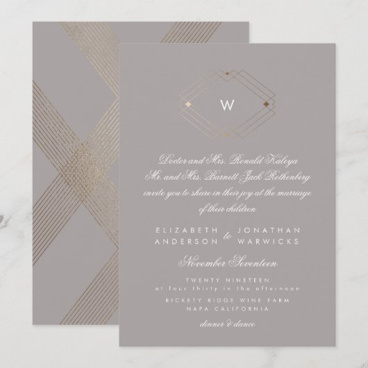 Calligrafie Monogram Gold Foil Grey Musk Weddensch Kaart (Voorkant / Achterkant)