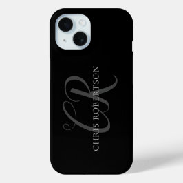 Calligrafie Monogram Naam Zwart Grijs Aangepast ge iPhone 15 Case