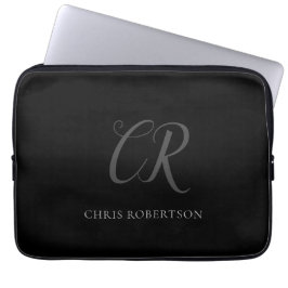 Calligrafie Monogram Naam Zwart Grijs Aangepast ge Laptop Sleeve