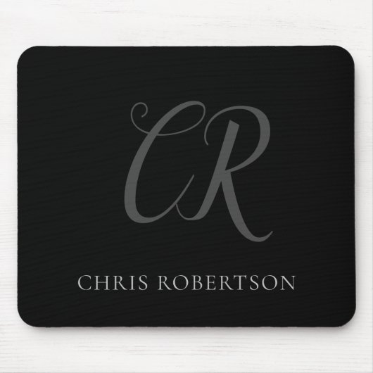 Calligrafie Monogram Naam Zwart Grijs Aangepast ge Muismat (Voorkant)