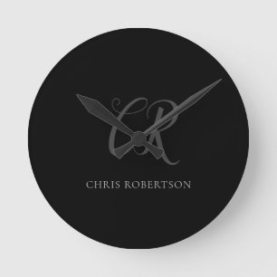Calligrafie Monogram Naam Zwart Grijs Aangepast ge Ronde Klok