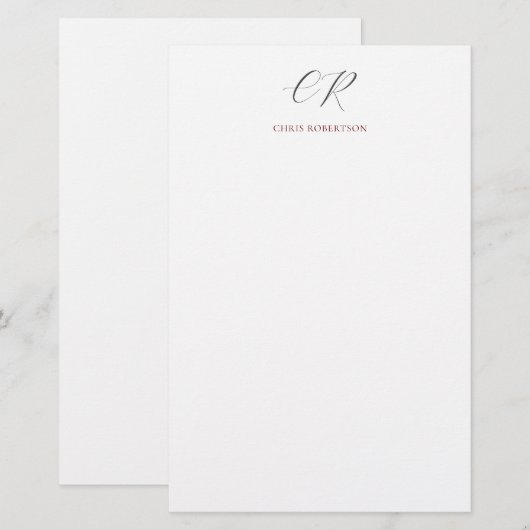 Calligrafie Monogram Naam Zwart Wit Aangepast Cade Briefpapier (Voorkant / Achterkant)