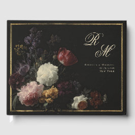 Calligrafie Monogram Zwart Romantische Bloemen Gastenboek
