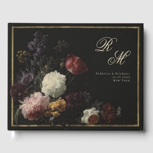 Calligrafie Monogram Zwart Romantische Bloemen Gastenboek (Voorkant)