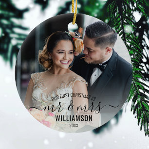 Calligrafie Mr. & Mrs.   2 Foto's Onze eerste Kers Keramisch Ornament