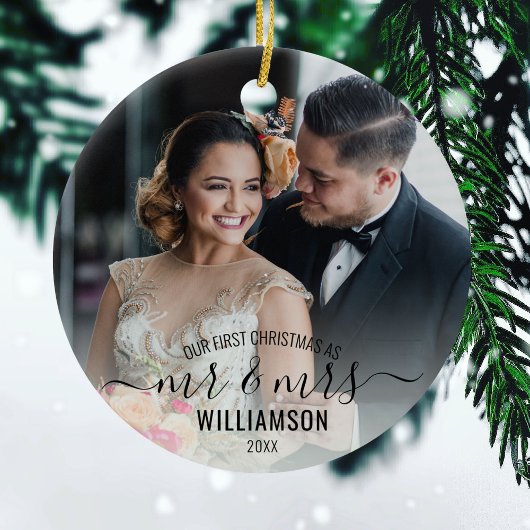 Calligrafie Mr. & Mrs. | 2 Foto's Onze eerste Kers Keramisch Ornament