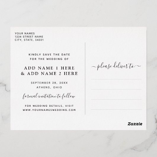 Calligrafie Namen Foto Opslaan Datum goud Folie Uitnodiging Briefkaart (Achterkant)