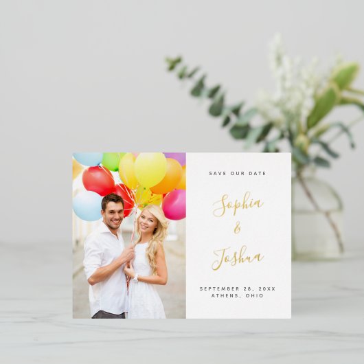 Calligrafie Namen Foto Opslaan Datum goud Folie Uitnodiging Briefkaart (Staand Voorkant)