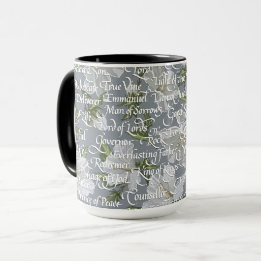 Calligrafie Namen van Christus || Grijs en zwart Mok (Voorkant links)