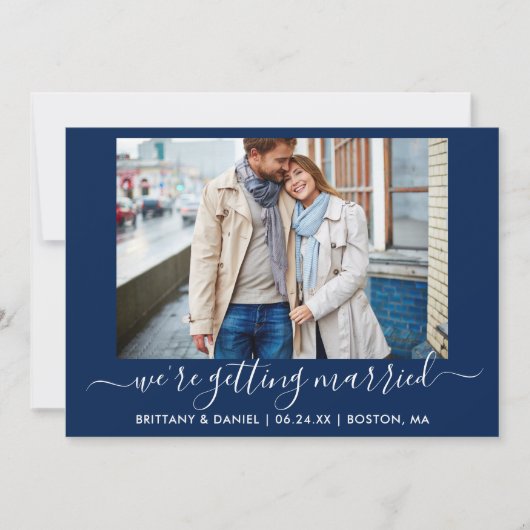 Calligrafie Navy Blue Getrouwen Save The Date (Voorkant)