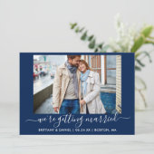Calligrafie Navy Blue Getrouwen Save The Date (Staand voorkant)