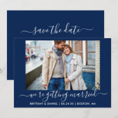 Calligrafie Navy Blue Getrouwen Save The Date (Voorkant / Achterkant)