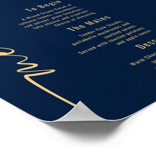 Calligrafie Navy Blue Gold Wedding Menu Poster (Hoek)