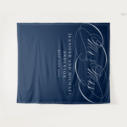 Calligrafie Navy Mr & Mrs Wedding Booth Backdrop Wandkleed (Voorkant (horizontaal))