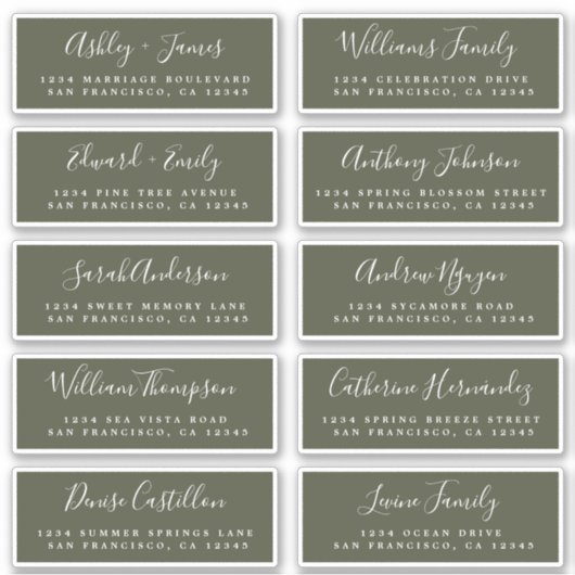 Calligrafie Olive Green Guest Adresetiketten Sticker (Voorkant)