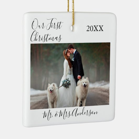 Calligrafie Ons eerste kerstfotohuwelijk Keramisch Ornament (Rechts)