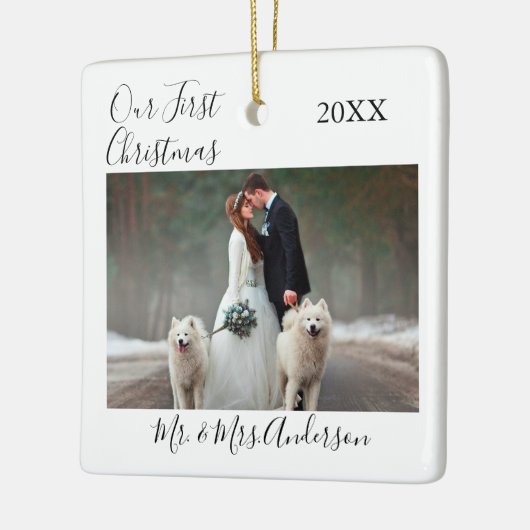 Calligrafie Ons eerste kerstfotohuwelijk Keramisch Ornament (Links)