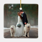 Calligrafie Ons eerste kerstfotohuwelijk Keramisch Ornament (Achterkant)