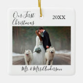 Calligrafie Ons eerste kerstfotohuwelijk Keramisch Ornament (Voorkant)