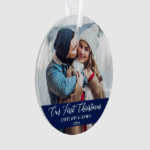 Calligrafie Ons eerste kerstpaar Foto blauw Ornament (voorkant)