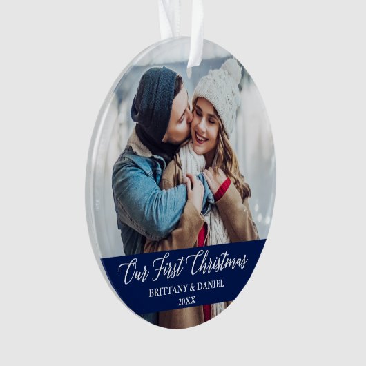 Calligrafie Ons eerste kerstpaar Foto blauw Ornament (voorkant)
