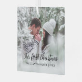 Calligrafie Onze eerste kerstfeestelijke foto Glas Ornament (Voorkant links)