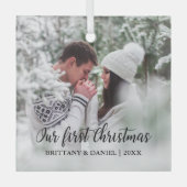 Calligrafie Onze eerste kerstfeestelijke foto Glas Ornament (Voorkant)