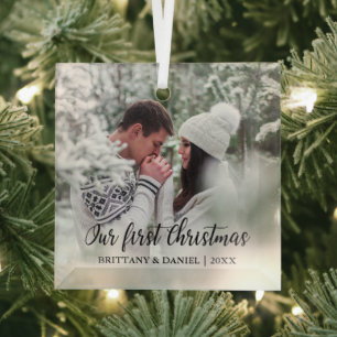 Calligrafie Onze eerste kerstfeestelijke foto Glas Ornament