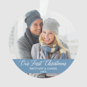 Calligrafie Onze eerste kerstfoto lichtblauw Ornament